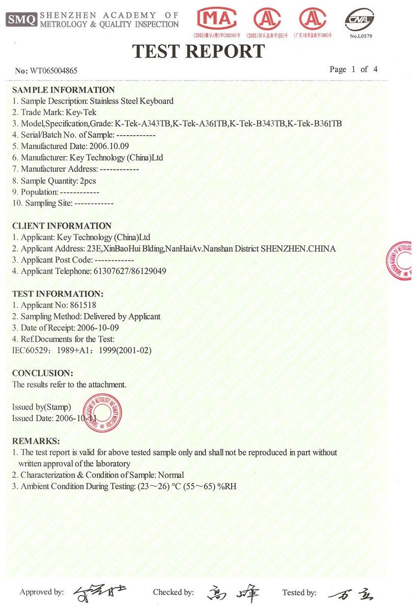 Key Technology ( China ) Limited Certifications