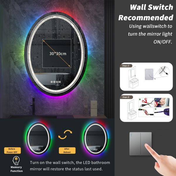 Oval RGB LED Lighted Smart Bathroom Mirror High Definition Eco-Friendly Explosion-Proof Anti-Fog Modern Design IP44 Illuminated