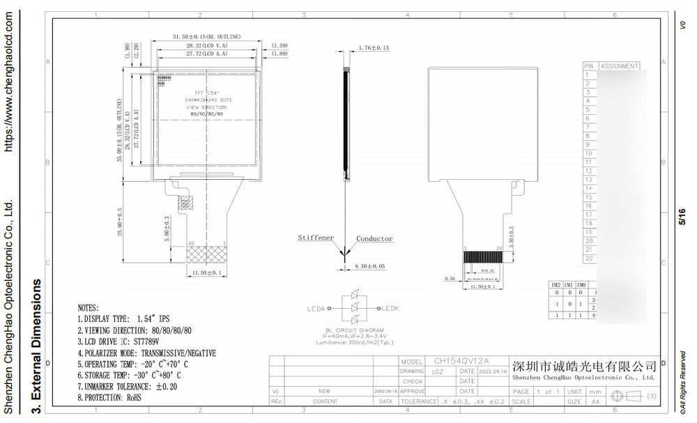 квадрат IPS TFT экрана 22pin 1.54inch крошечный LCD весь угол наблюдения
