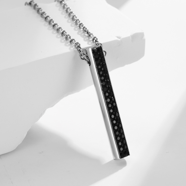 Black Stainless Steel and Carbon Fiber Bar Necklace Diamond Christian Religious Pendant