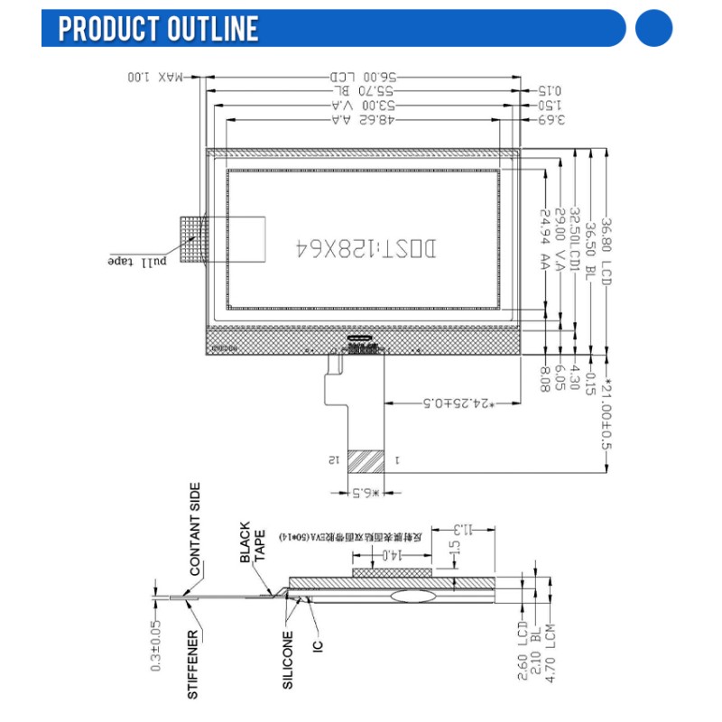COG12864-27 Blue Film Fstn Material Ffc Module ST7567A 12 PIN COG Matrix LCD Screen