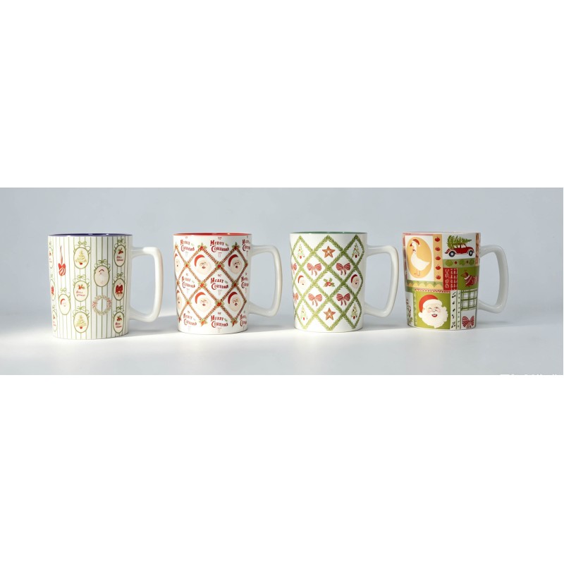 4 Pack Vintage Farmhouse Christmas Ceramic Mugs, Retro Santa Goose Dachshund Holiday Coffee Cups, Multi Rim Color Xmas Drinkware Gift Set