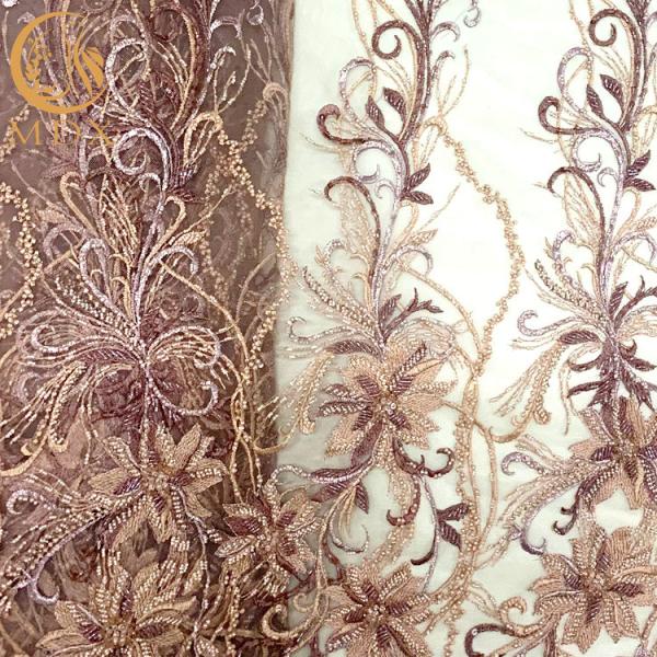 Stylish Pink Beaded Lace Fabric Sequins Decoration For Dress
