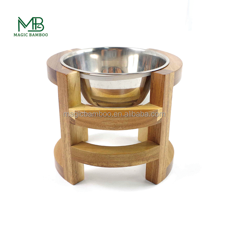 Make Pet Eat Elevated Bamboo Wooden Pet Food Feeder With Stainless Steel Bowls Single Tier