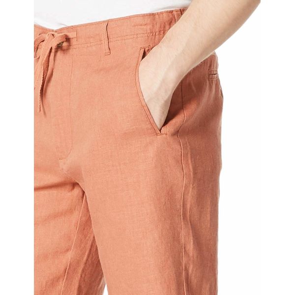 Light Brown Beach Mens Linen Shorts Drawstring Yarn Dyed Fabric