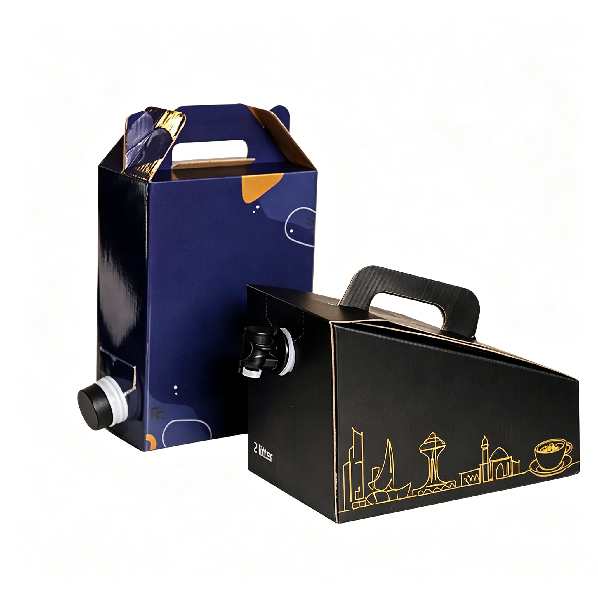 Custom Printed Black Coffee Box With Handle & Aluminum Foil Bag In Box Tap Liner | Disposable Bag In Box Coffee Packaging Set For Cold Brew & Liquid Coffee