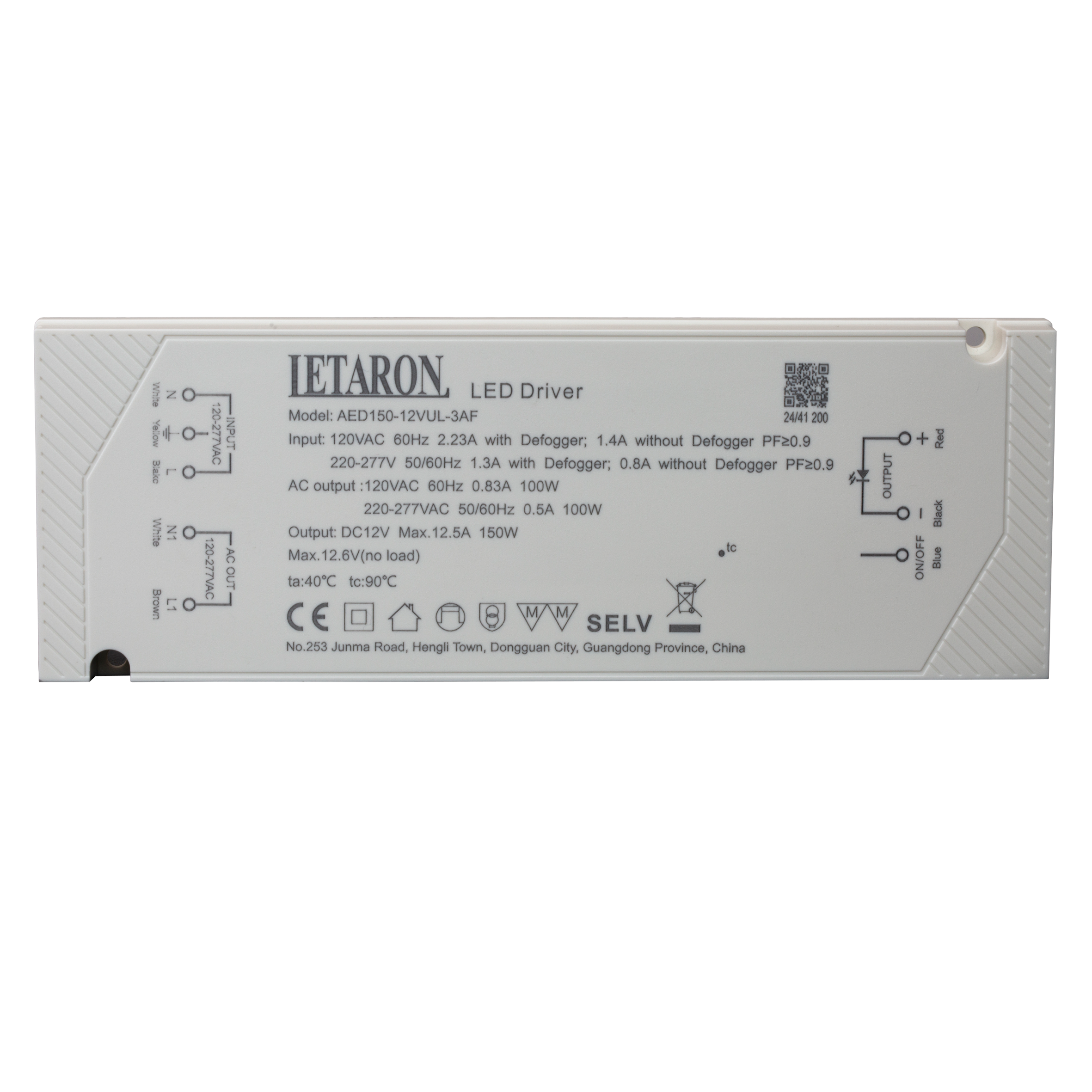 Letaron 150W 120-277VAC UL Global LED Driver with Defogger Control for Bathroom Light