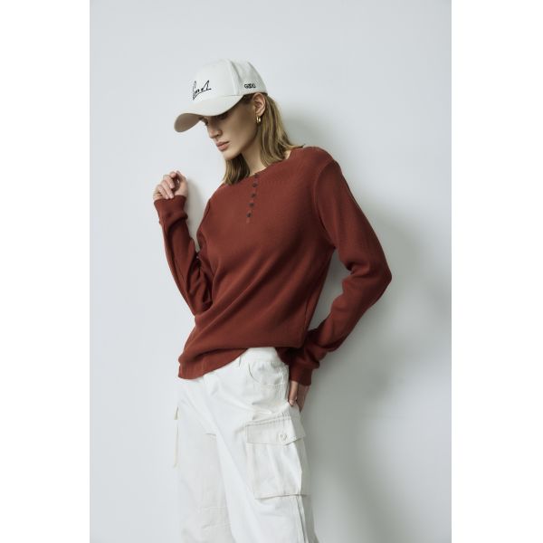 Rust Brown Ribbed Basic Tops Henley Neck Top White Cargo Pants Set