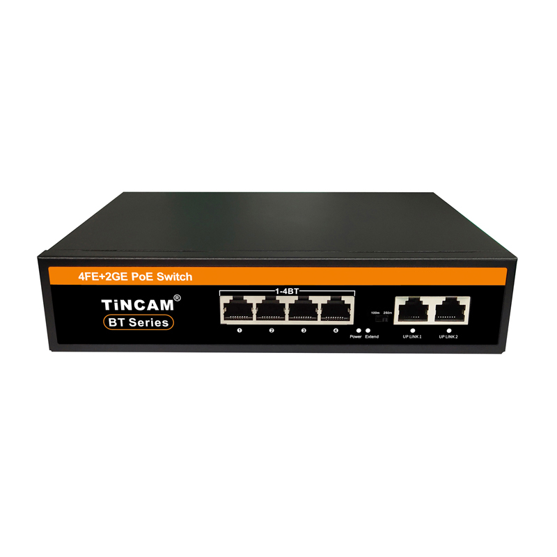 6 Port Gigabit PoE++ Switch 4 PoE Ports 2 Uplink RJ45 Ports IEEE 802.3af at bt 120W PoE Budget Desktop Metal Case TBC-PSD4506N
