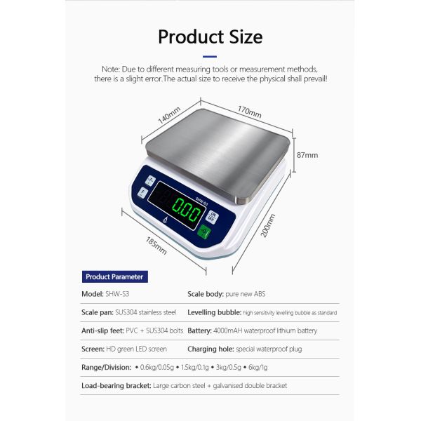6KG Capacity LED Display Waterproof Scale for Food Processing Baking and High Precision