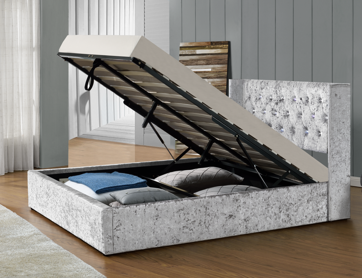 Удобный серебряный бархат толкотни кровати хранения подъема газа ткани с изголовьем света СИД