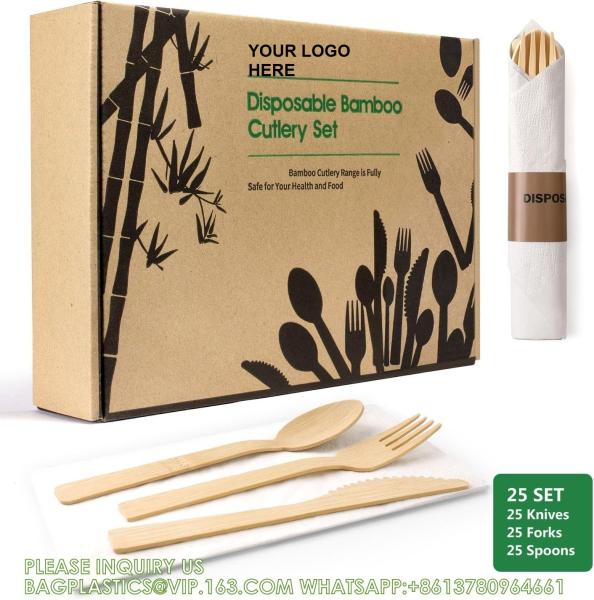 Pre Rolled Bamboo Cutlery Pack Bamboo Utensils (6.7 25 Forks 25 Spoons 25 Knives 25 Napkins) Compostable Flatware