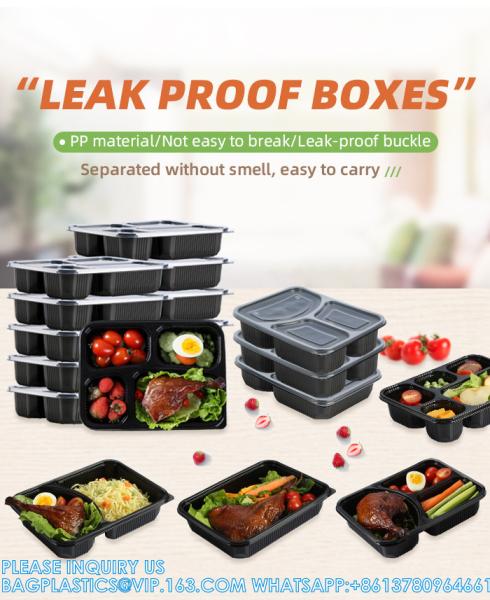 Packaging 3 Compartments Takeout Boxes Black Microwave Plastic Lunch Box Food Containers Wholesale