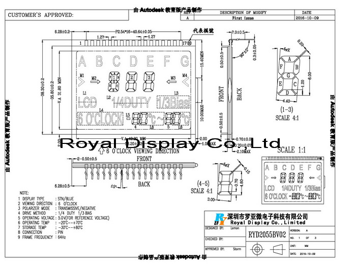Панель RYD2055BV02 изготовленная на заказ LCD для измеряя электричества/групп/автомобильных радиоприемников