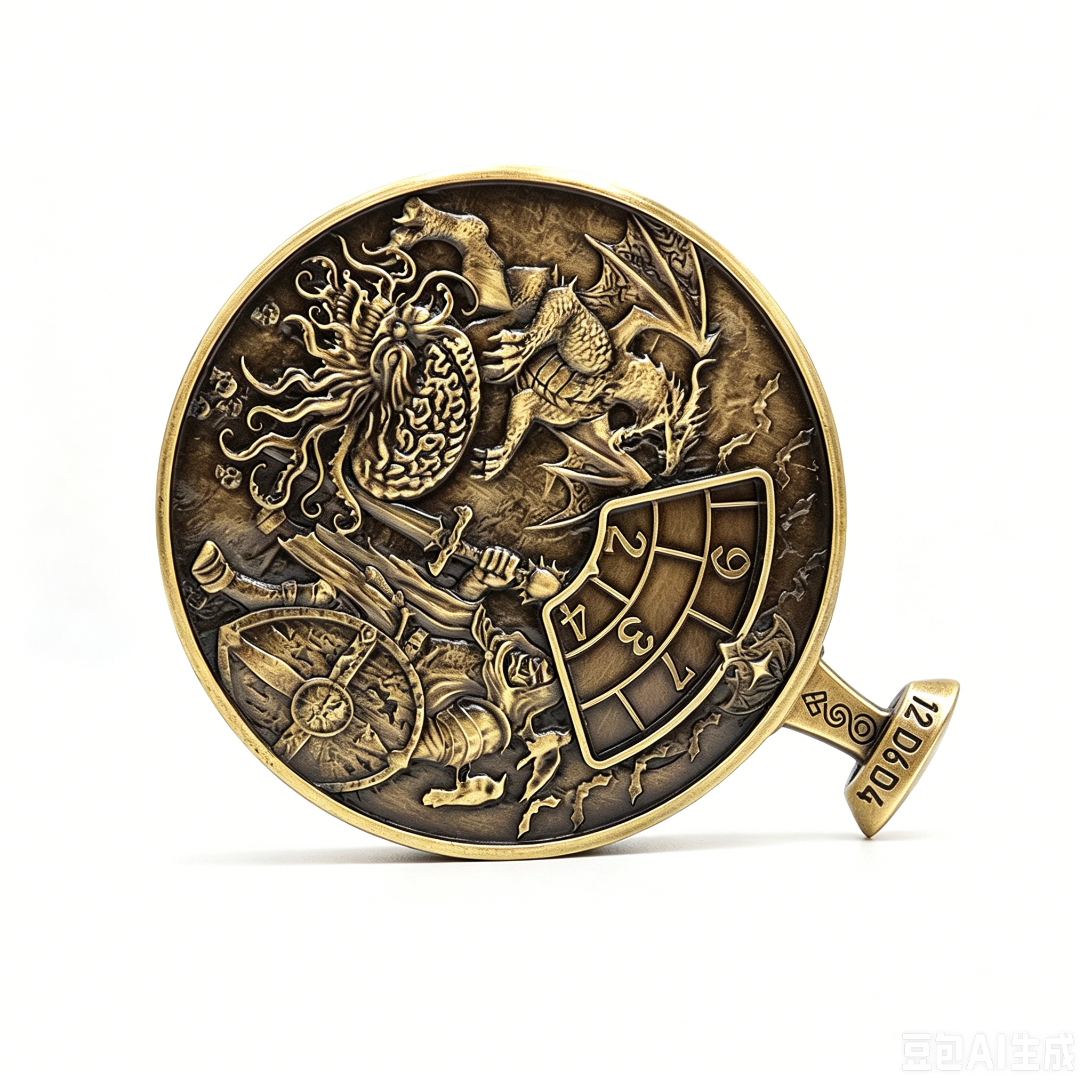 Premium Antique Copper Metal Dice Spinner with 7-in-1 Dual Sided Design and Press-to-Spin Mechanism for TRPG Gaming