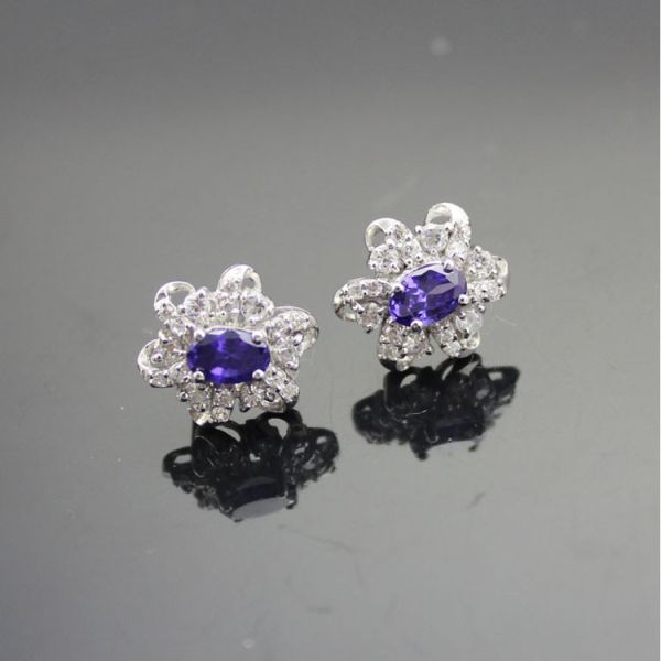 Sterling Silver Oval Blue Topaz  Clear Cubic Zircon Earrings（E01）