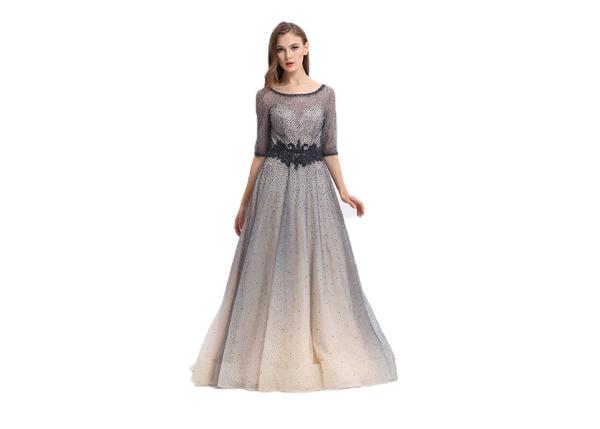 Polyester And Spandex Prom Party Dress Half Sleeve With Lace Up Back Or Zip