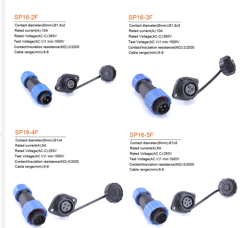 SP16 IP68 Waterproof Cable Connector Plug Socket Male And Female 2 - 9 Pin