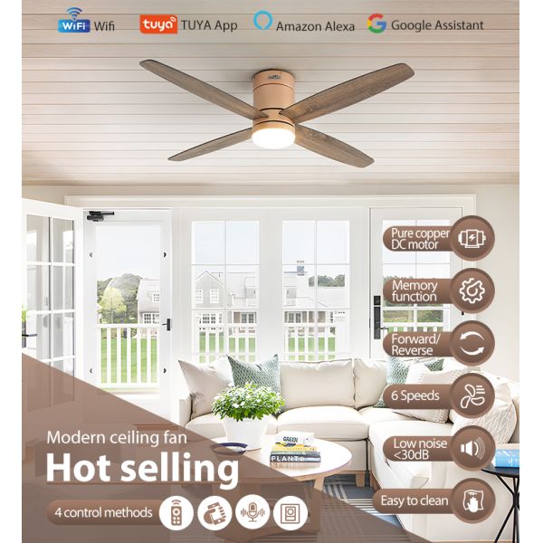 Low Profile 4 MDF Blades LED Ceiling Fan com controle inteligente e CCT 3000K/4500K/6000K