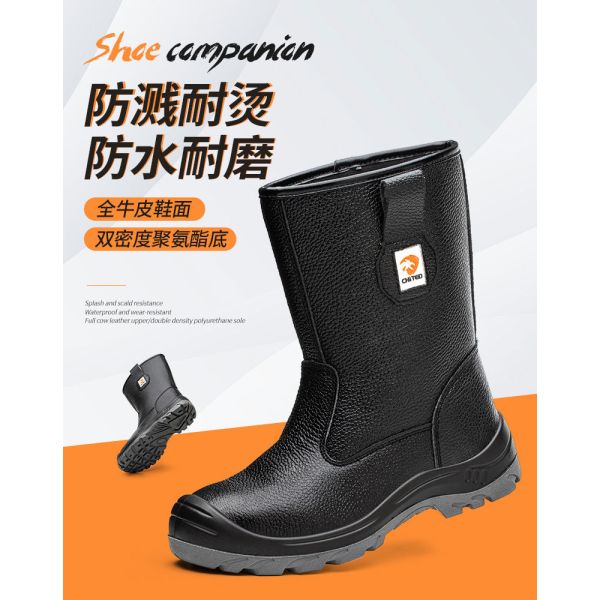 Chaussures de sécurité à semelle PU double densité noires montantes en cuir véritable avec embout en acier