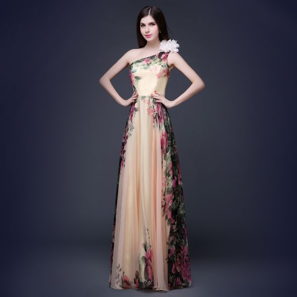 Chiffon Long Section Bridesmaid Dress One Shoulder Rose Print Flower Bridesmaid Dress