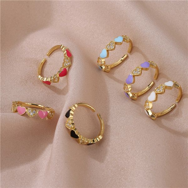 18k Diamond Adjustable Finger Ring Gold Pink Enamel Heart Ring OEM