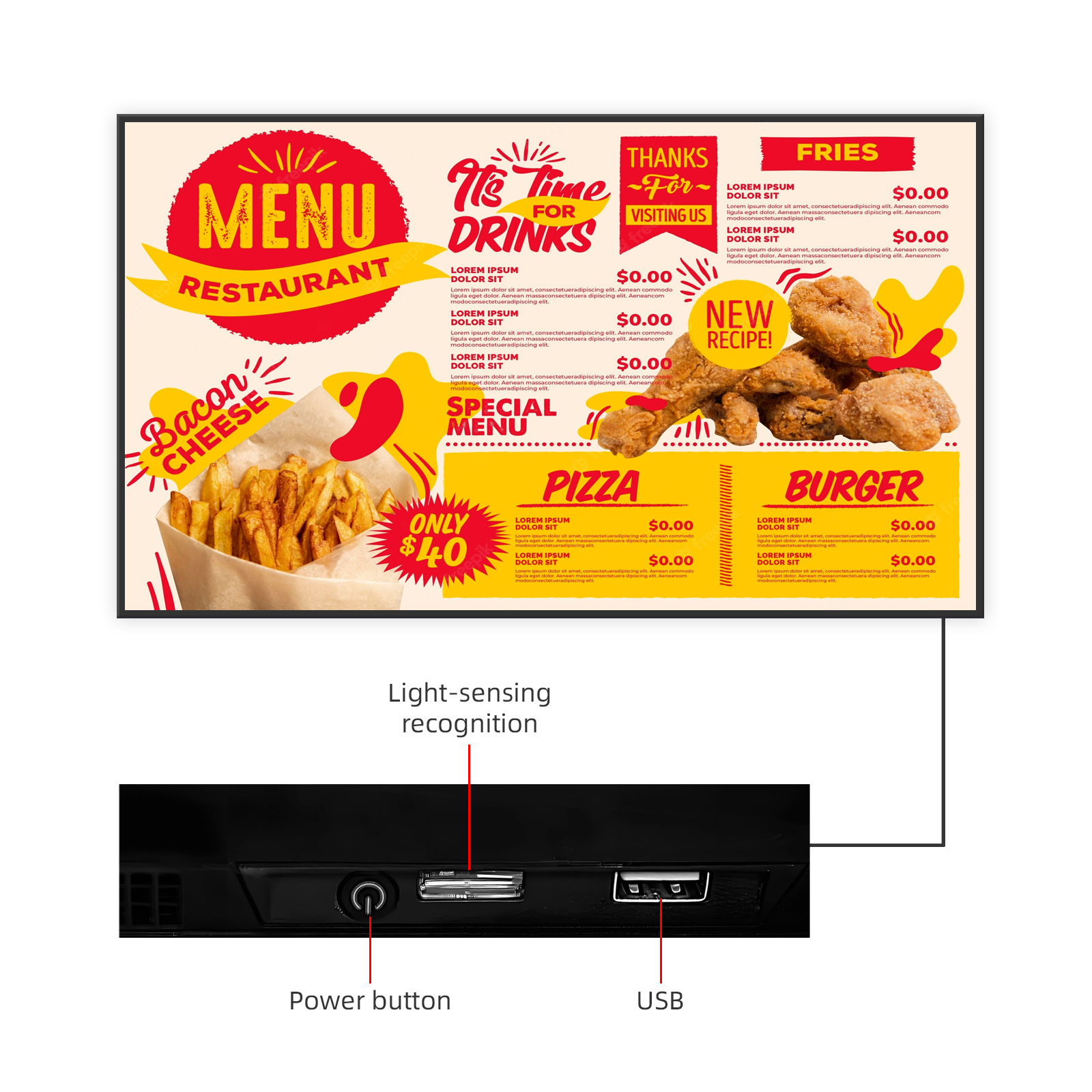 43 55 Inch Cloud CMS Android Digital Signage For Restaurant Menu Board