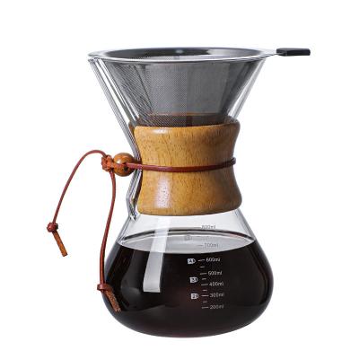 B2B Custom 400ml Glass Pour Over Coffee Brewer|Stainless Steel Filter&Wood Sleeve|Camping Brewing Pot
