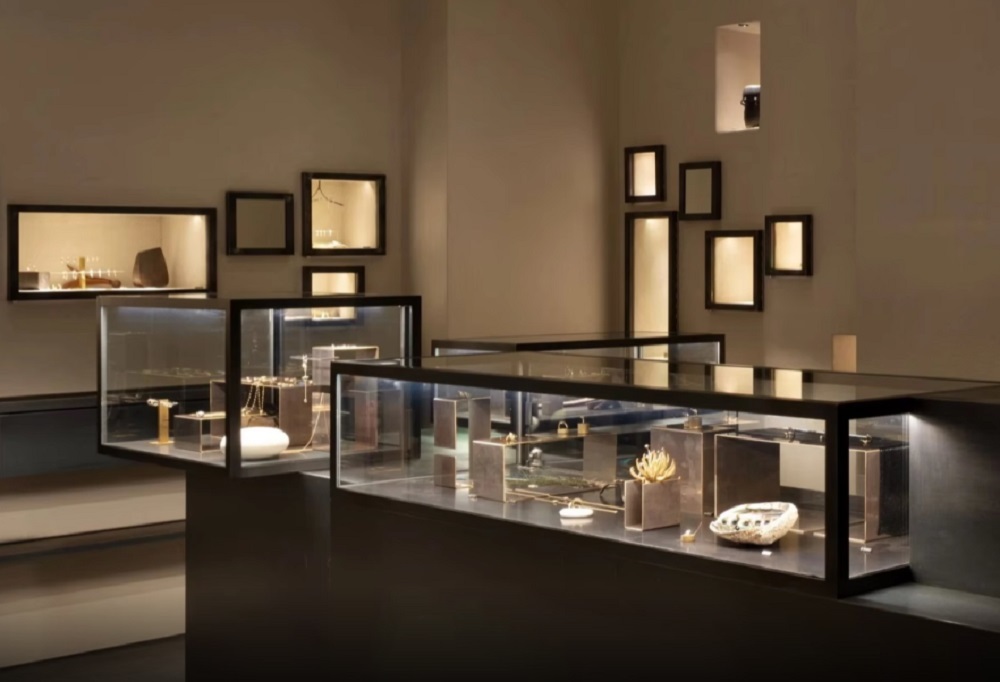 Customized LED Lighting Jewelry Display Cabinet with Natural Marble Vein Design for Luxury Stores