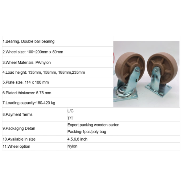 6 Inch 150 mm High-Temperature Nylon Heavy-Duty Universal Caster Wheel 300kg Load Rating