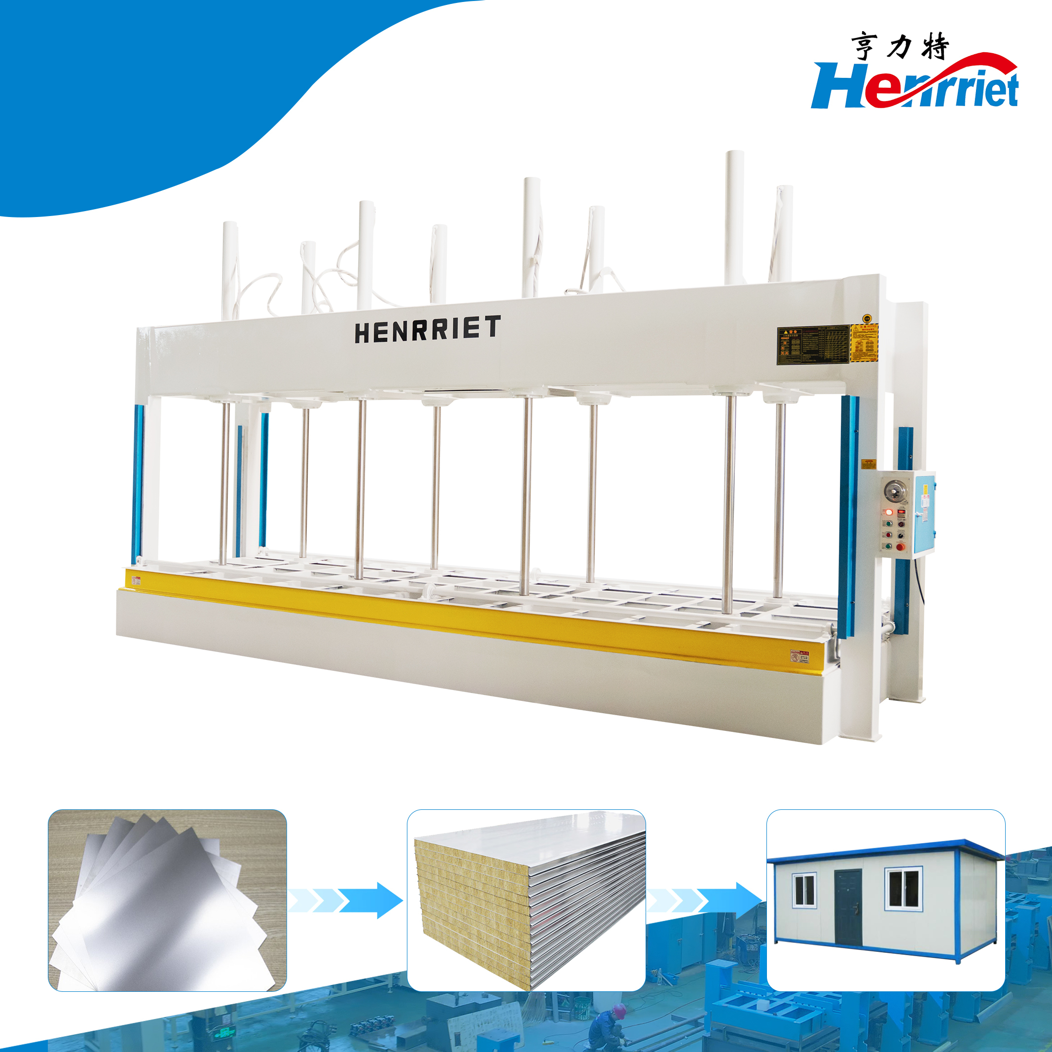 Industrial 8-Cylinder Hydraulic Cold Press Machine with 8000*2000mm Work Platen and 50T Maximum Pressure for Sandwich Panel Production