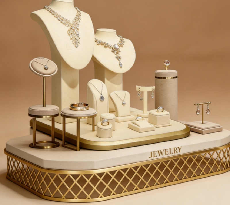 Luxury Beige Velvet Jewelry Display Set with Gold Metal Grid Base and Modular Customizable Design for High-End Jewelry