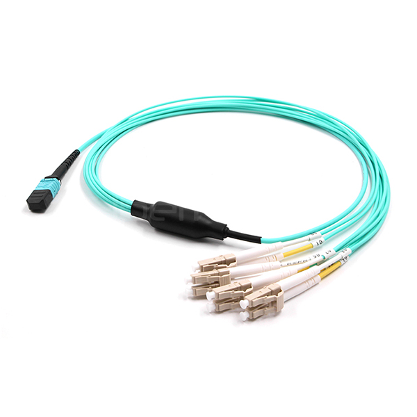 Female to 4 LC Duplex MPO Breakout Cable 8 Fibers OM3 OFNR Aqua Jacket