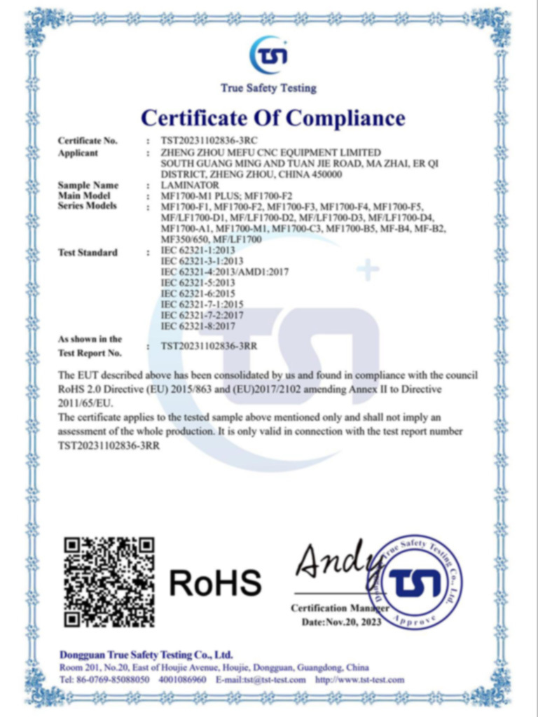ZHENGZHOU MEFU CNC EQUIPMENT LIMITED Certificaciones