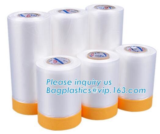 Disposable PE pre-taped self static cling masking film, Cover mask plastic drop film PE protection film with tape, BAGEA