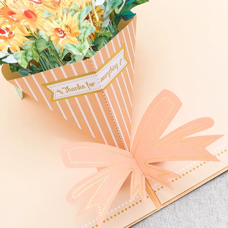 3D Floral Bouquet Pop Up Greeting Card With Striped Cone Design