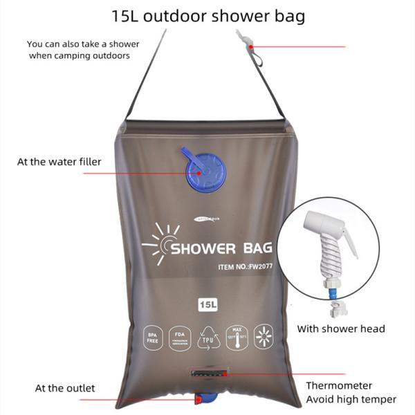 EVA Portable Solar Shower Bag 15L Lightweight For Hiking Fishing Camping