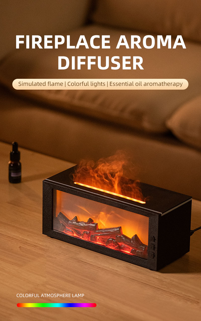 3D Realistic Flame Fireplace Diffuser Humidifier 300ml Large Tank Type-C Charging Quiet Operation