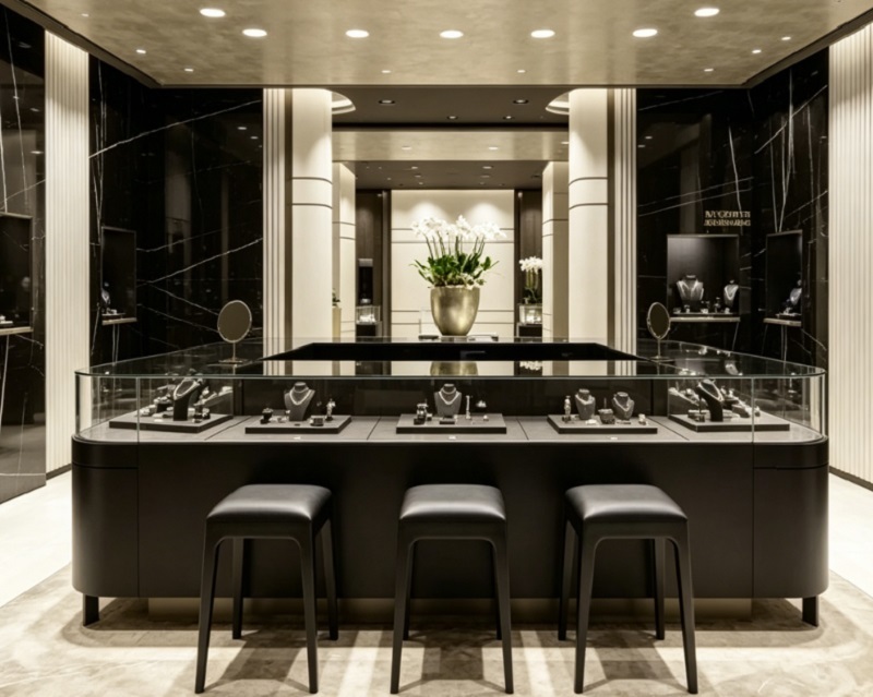 Custom Luxury Matte Black Jewelry Display Cabinet with Ultra-Clear Tempered Glass and Built-in LED Lighting for Jewelry Stores