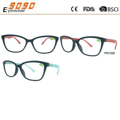 New arrival and hot sale plastic reading glasses,spring hinge ,single frame with other color temples