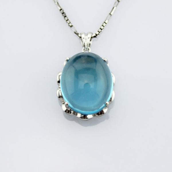 925 Silver Pendant Necklace with  Oval Dome Blue Topaz Cubic Zircon  (P40)