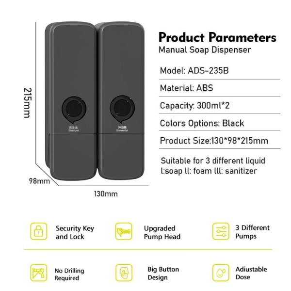 ABS Double Soap Dispenser Wall Mounted For Hospital Home And Office Eco Friendly