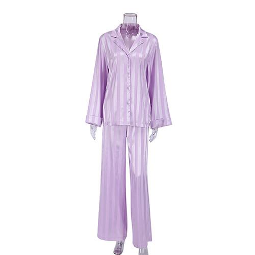 2022 Summer customized shirt pajamas set purple stripes long-sleeved silk pajamas set for ladies home wear