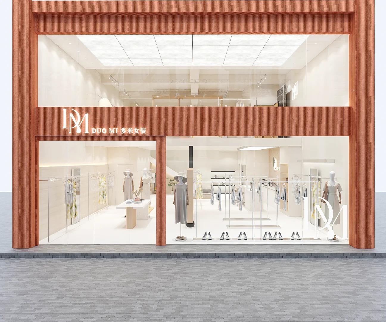 Cream Beige Minimalist Duplex Women Clothing Store Interior Design with Dual-Layer Functional Zoning and Modular Detachable Garment Rack