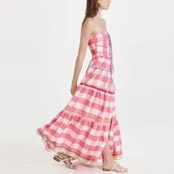                  Ladies Puff Sleeve Dress for Women Ruching Checks Clothing Manufacturers Elegant Cotton Custom Logo Maxi Dress             