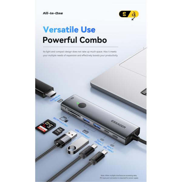 ESSAGER ES-HB03 Series 7 in 1 USB-C USB-A SD TF Port 3.0 Best USB Port Hub