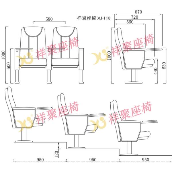 560mm Center Distance Fabric Cushion Padded Church Chairs For Meeting Room​
