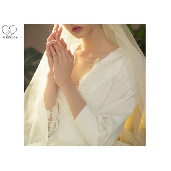 Deep V Neck Vintage Off White Wedding Dresses Long Lantern Sleeve Pleating Tail