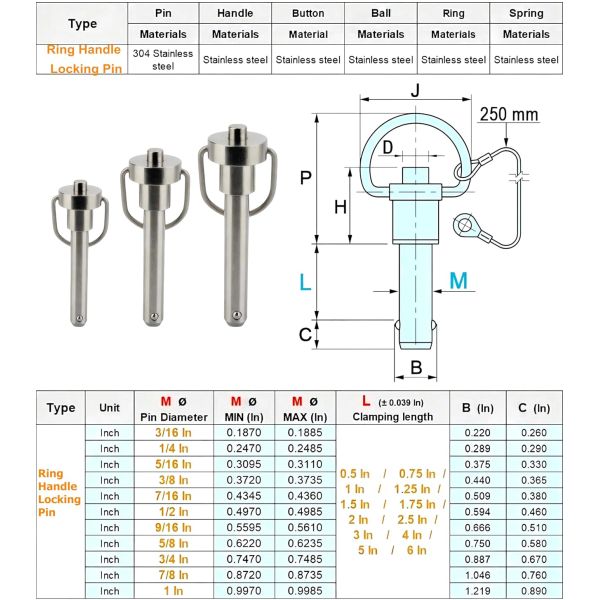 Stainless Steel Ring Handle Locking Pin Ball Lock Pins Quick Release Pin with Button