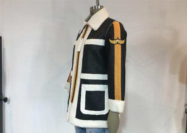 Black PU White Shearling Polyester Coat Warm Contrast Pleather Jacket With Badges For Ladies